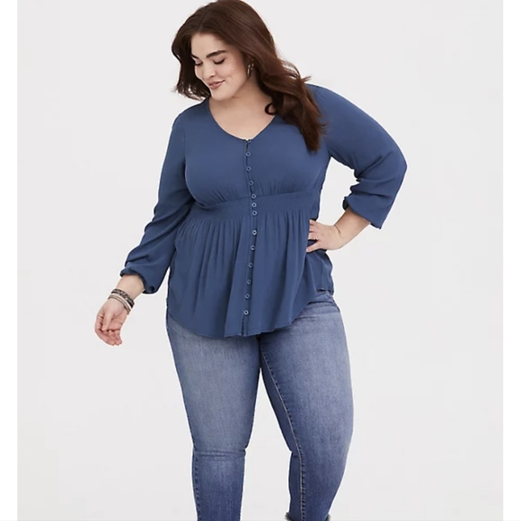 BLUE GAUZE SMOCKED BLOUSE - Picture 1 of 7